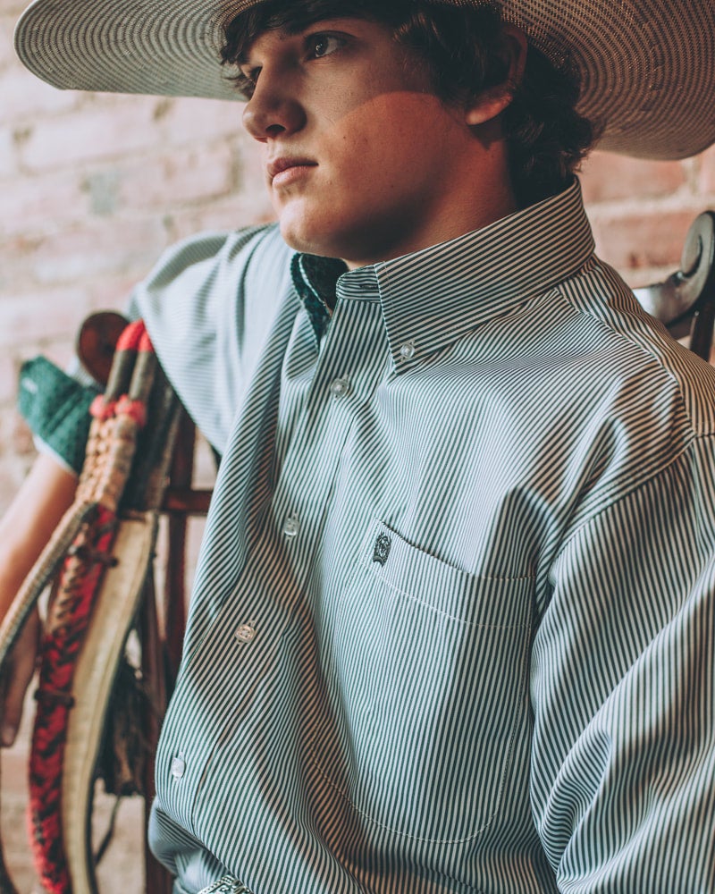 CINCH Men's Green Striped Tencel Classic Fit Button Down Shirt MTW1105562, CINCH Jeans & Shirts in Western South Dakota